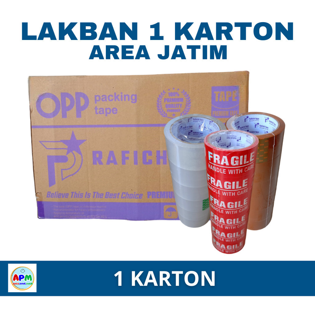 

LAKBAN COKLAT, LAKBAN BENING 90 YARD, LAKBAN FRAGILE 50 YARD PER KARTON ISOLASI SELOTIP 45MM PER 1 KARTON APM