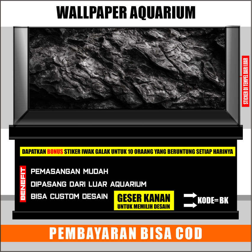 stiker background aquarium 3d timbul custome jumbo kaca akrilik besar full set rock batu bk