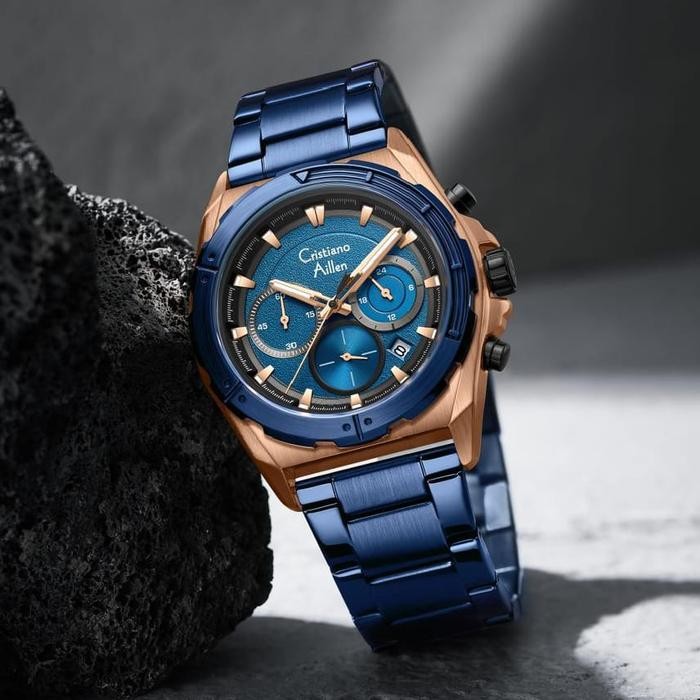 DISKON  Cristiano Aillen Jam Tangan Pria Analog 8901 Rantai Stainless Steel Chronograph Kaca Sapphir