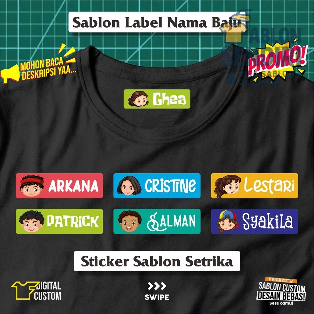 

Stiker Kain Label Nama Baju Karakter Anak Sekolah Pesantren Asrama Name Tag Laundry Sticker Sablon Setrika DTF IF Digital Custom Siap Press
