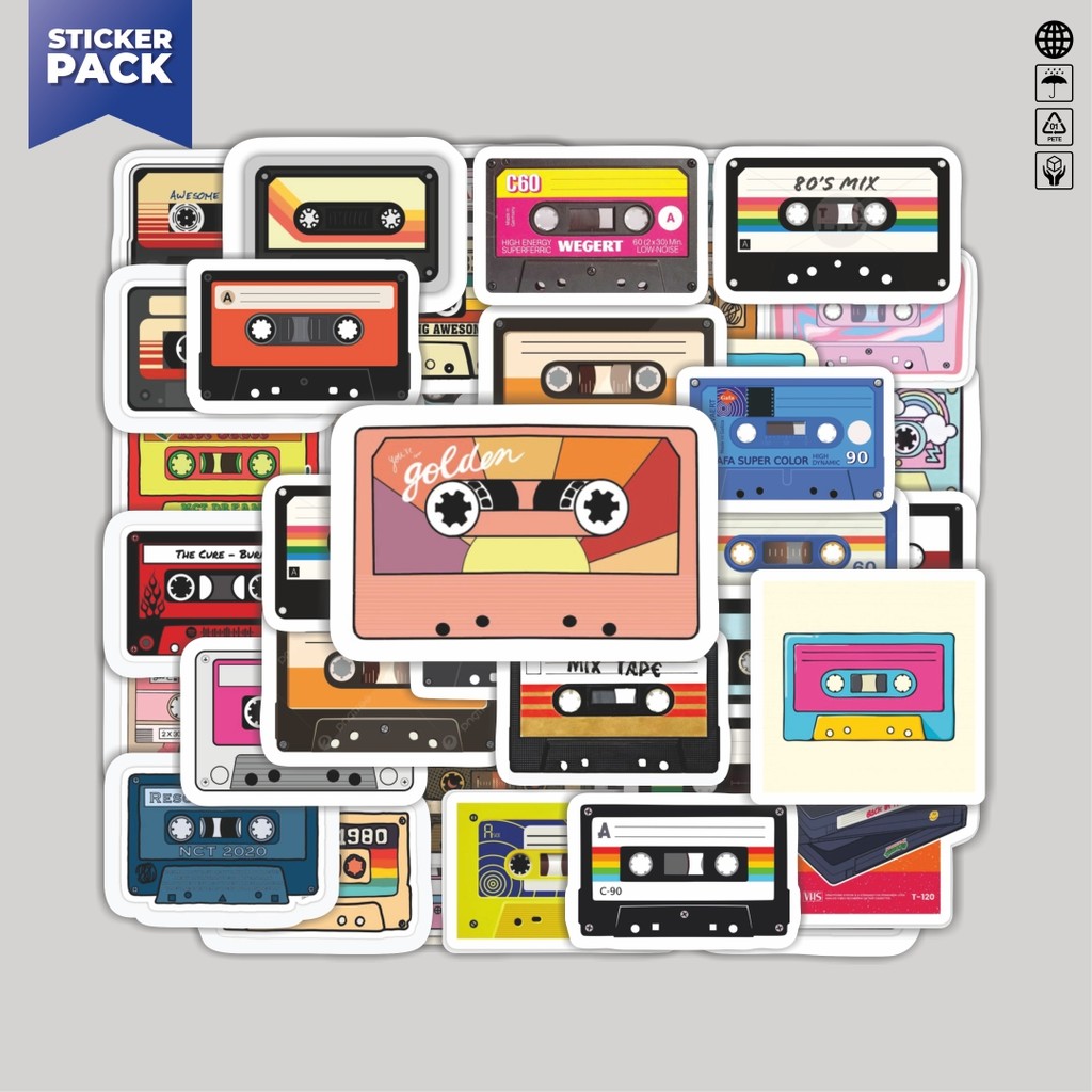 

[100PCS]Stiker Pack Stiker Audio Tape Aesthetic Vinyl Anti Air Dekorasi Sticker Laptop Buku Journal Koper Helm Casing HP Gitar Helm Skateboard