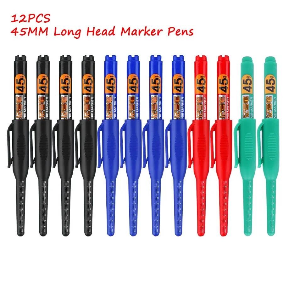 

12PCS Long Head Marker Pens, Special Oil-Based Woodworking Markers for Ceramics, 45MM Long Nib, Black/Blue/Red/Green Ink