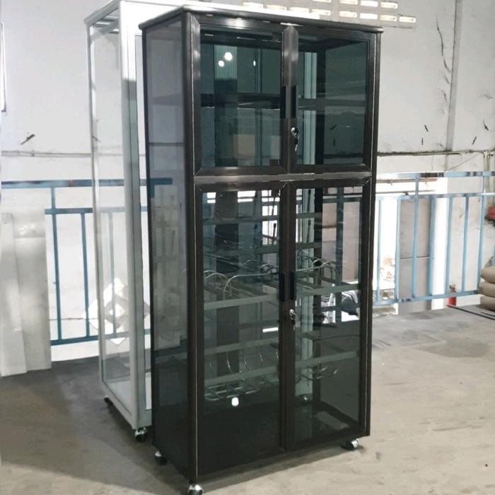 LP 431 80X38X165 b LEMARI RAK PIRING 5 SUSUN ALUMINUM 20U SUPER COKLAT TUA 2 PINTU FULL KACA 3 MM RI