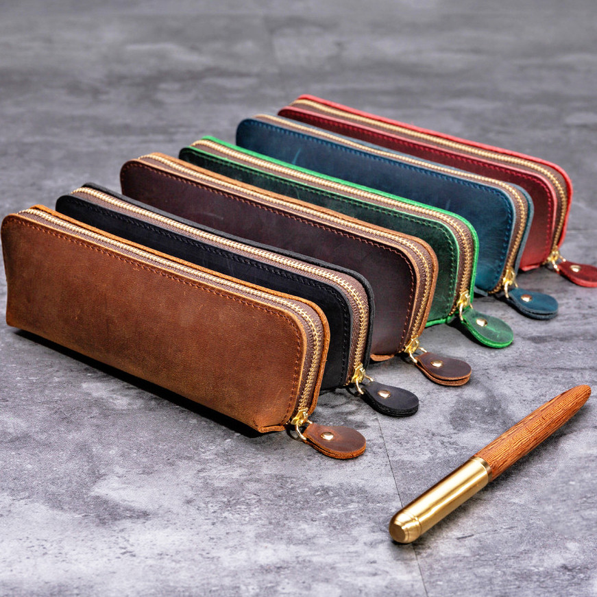 

Vintage Crazy Horse Leather Pencil Case - Handmade Minimalist Stationery Organizer for Office Business