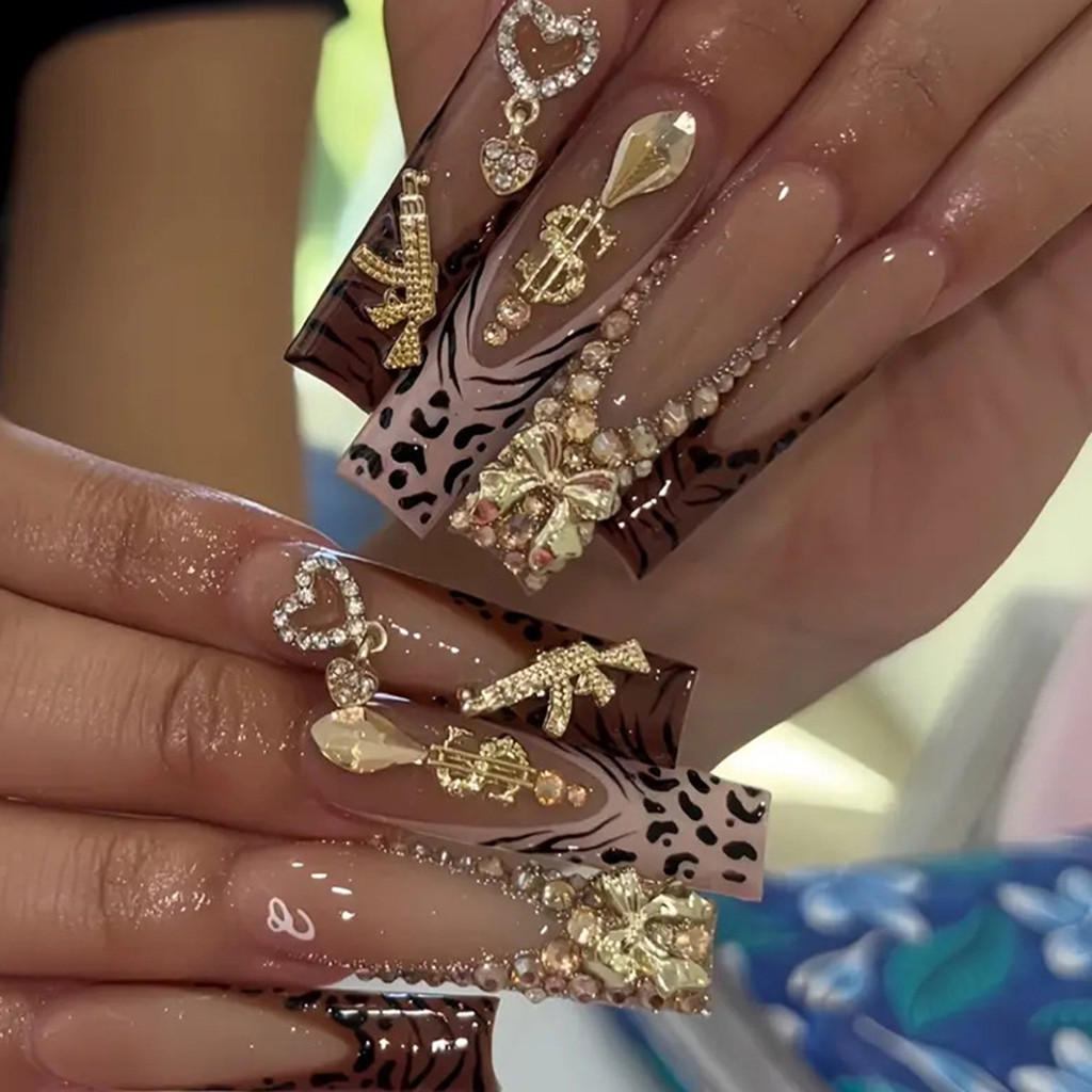 

24 pieces of long square armor gold French white leopard print French 3d gold flash diamond gold dollar diamond gold -