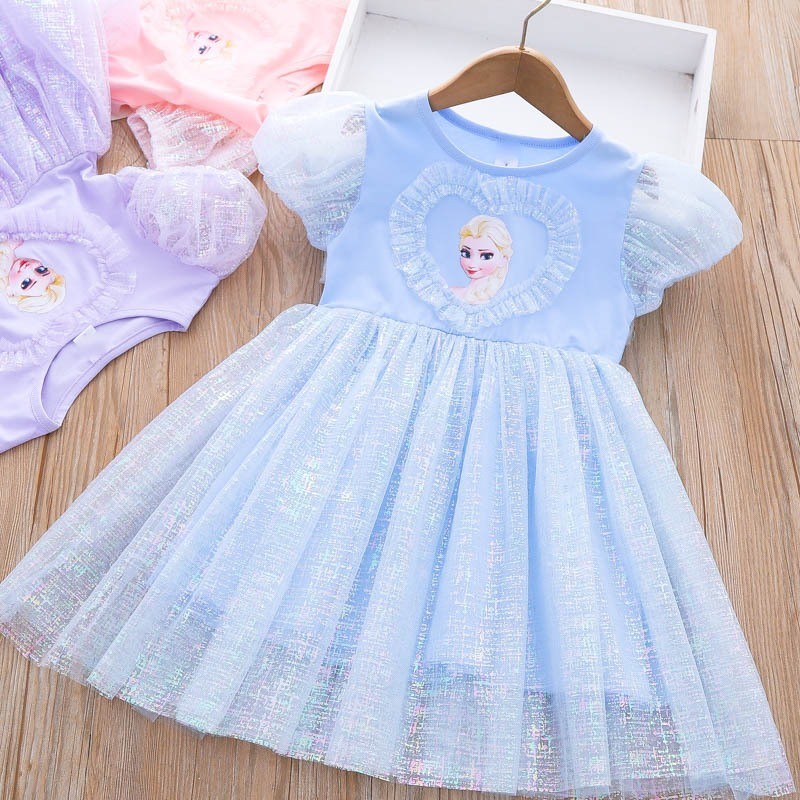 MJ78UI [PRINCESS KESLI] 1-9 Tahun Dress Frozen Elsa Gaun anak perempuan lengan pendek Kids Katun Lem
