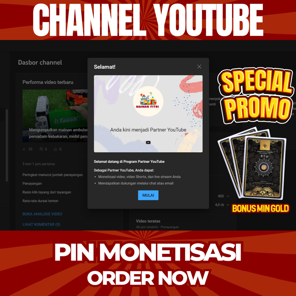 CHANNEL YOUTUBE MONETIASI SUDAH SEPAKET PIN
