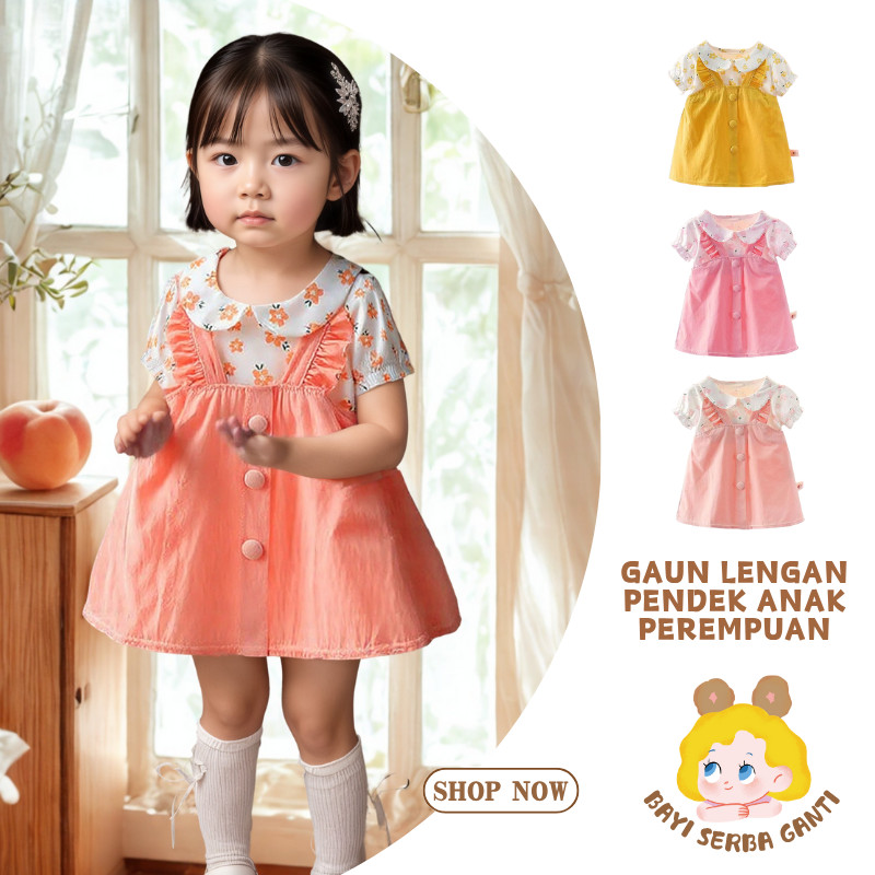 Gaun lengan pendek anak perempuan dengan kerah boneka gaya manis, terbuat dari kapas sangat nyaman, 