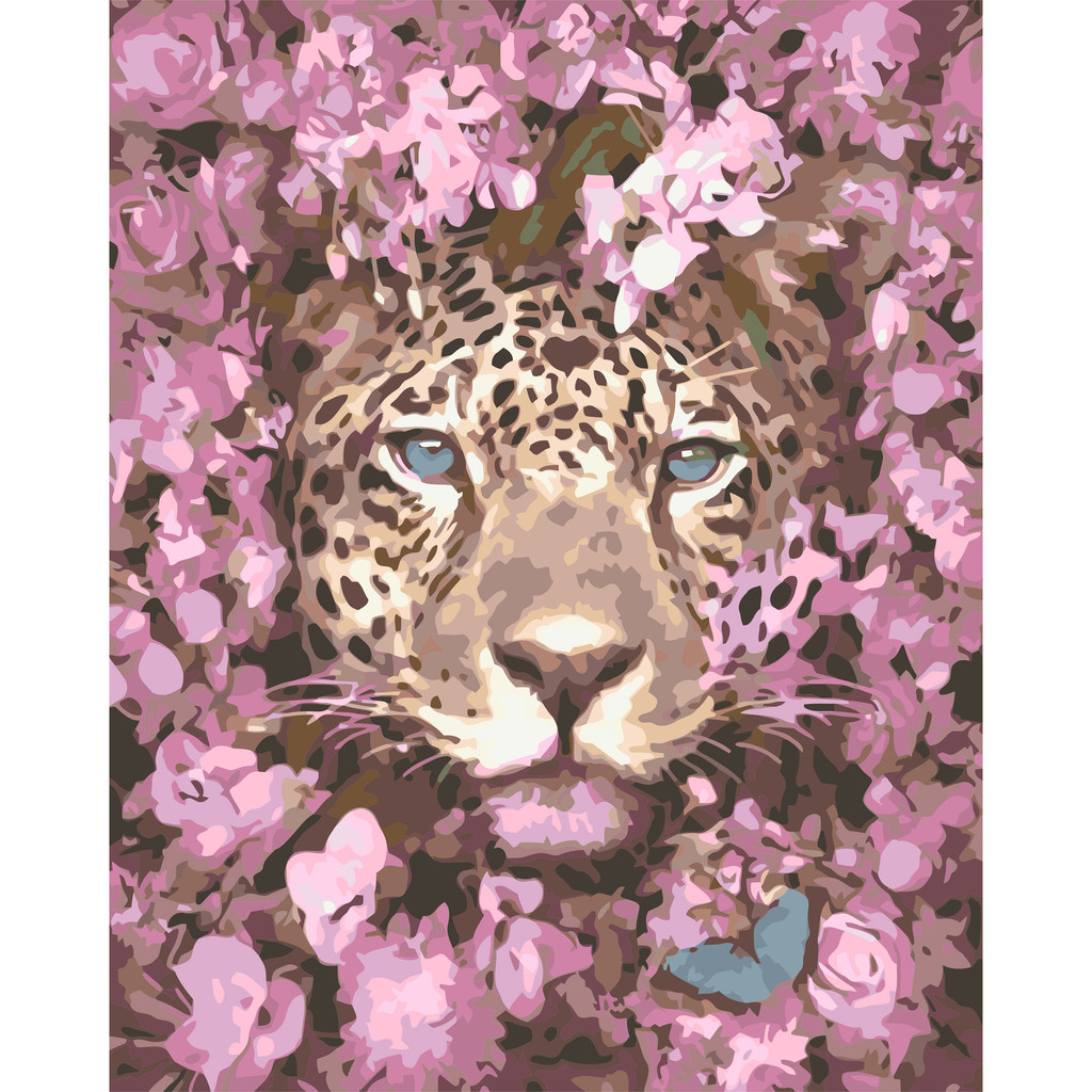 

Leopard in Pink Blossoms Digital Oil Painting, DIY Art Project, Paint by Numbers for Adults Unique Wall Art Decor i11411