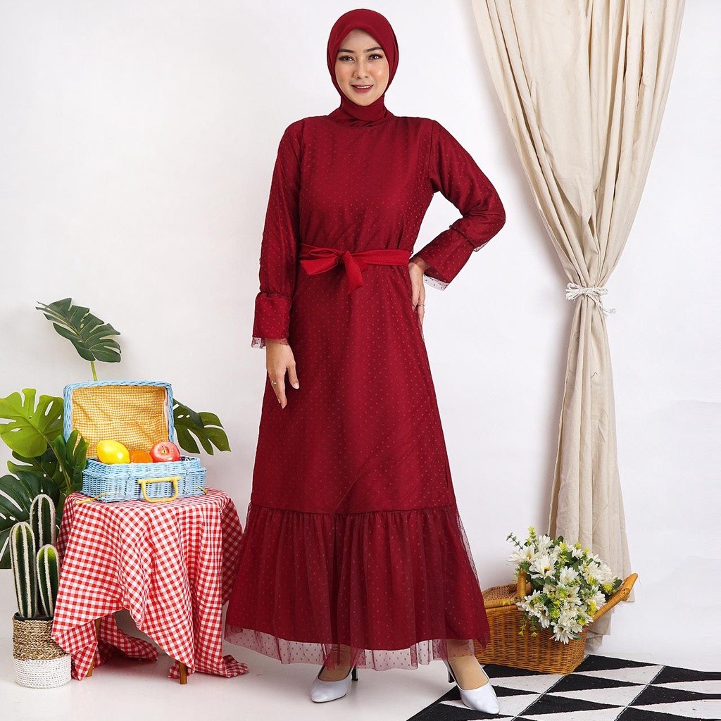 Gamis Helwa Tile Polkadot Maxi Dres Lebaran Long Dress Busana Muslim Murah
