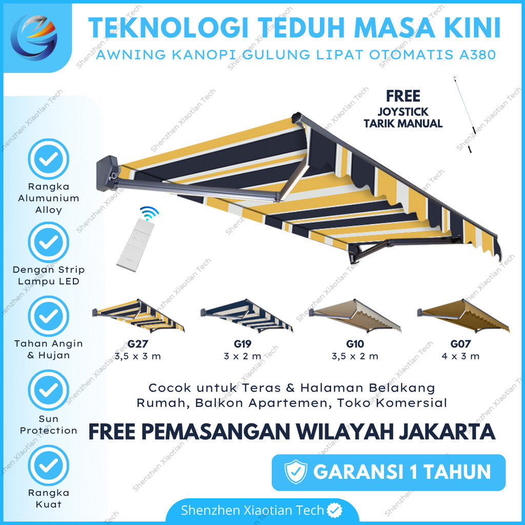 Awning Gulung Kanopi Elektrik Dengan Lampu LED 2 / 3 Meter Kanopi Buka Tutup Automatic Bahan Premium