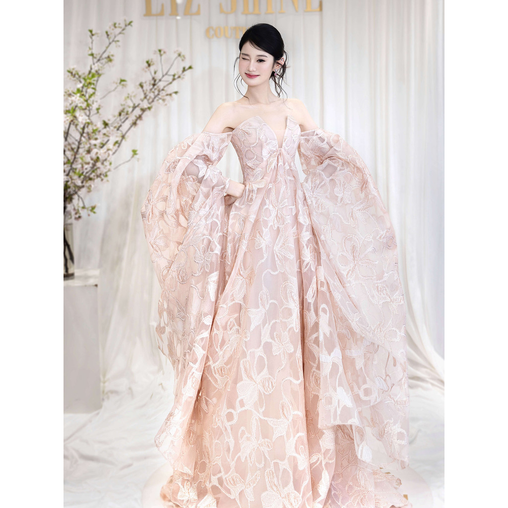 Gaun pagi merah muda, gaun pengantin wanita, gaun pertunangan, gaun pemotretan pagi, gaun perjamuan 