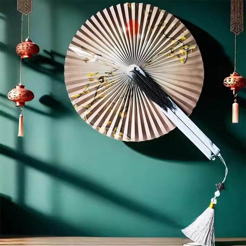 Kipas Tangan Lipat Bulat Cina Retro Kayu Kipas Menari Model Bundar