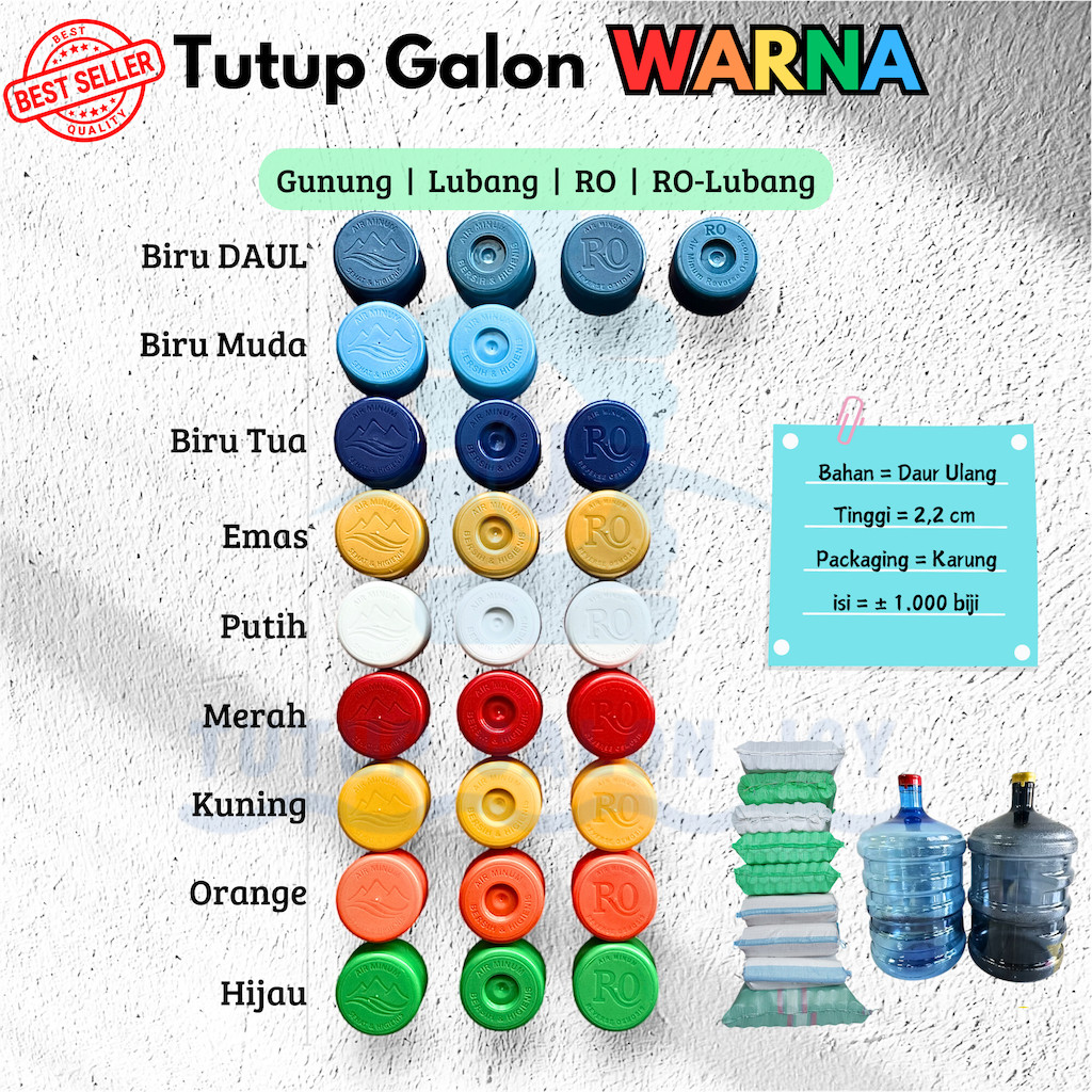 Tutup Galon isi ulang WARNA , Gambar RO / Gunung / Lubang , Bahan Lentur BERKUALITAS