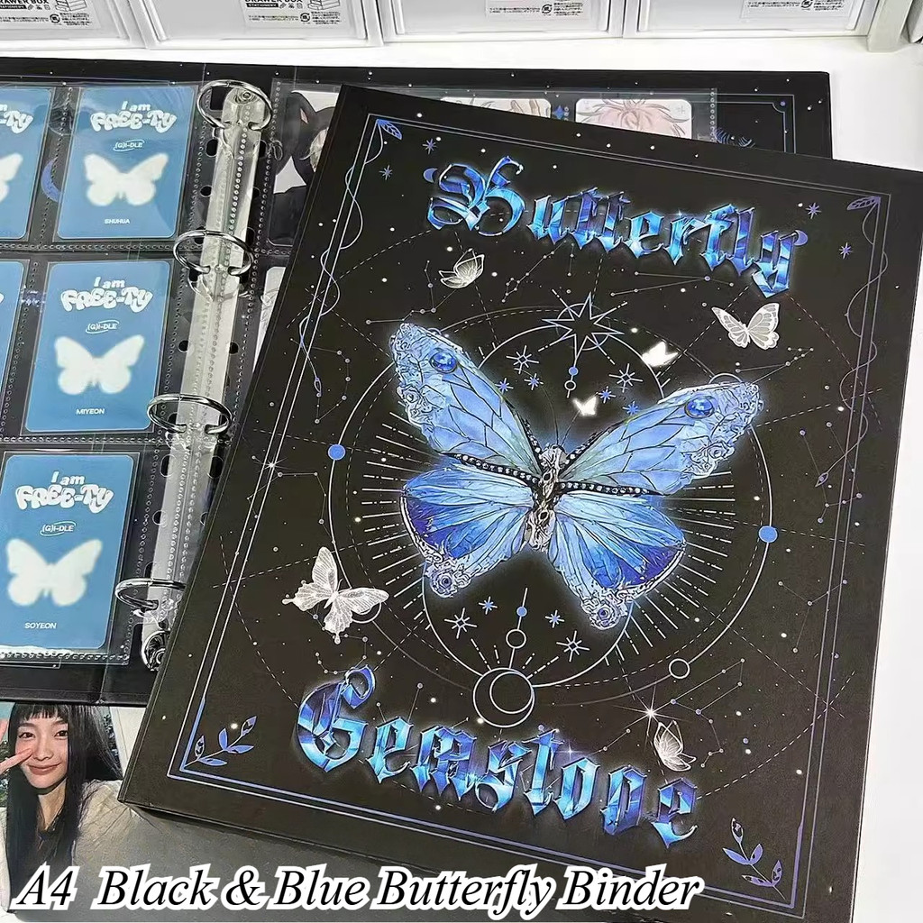 

A4 Glossy Black & Blue Butterfly Card Binder 9-Grid Loose-Leaf Kpop Photocard Album, Luxury Hard Cover Sticker Storage Book
