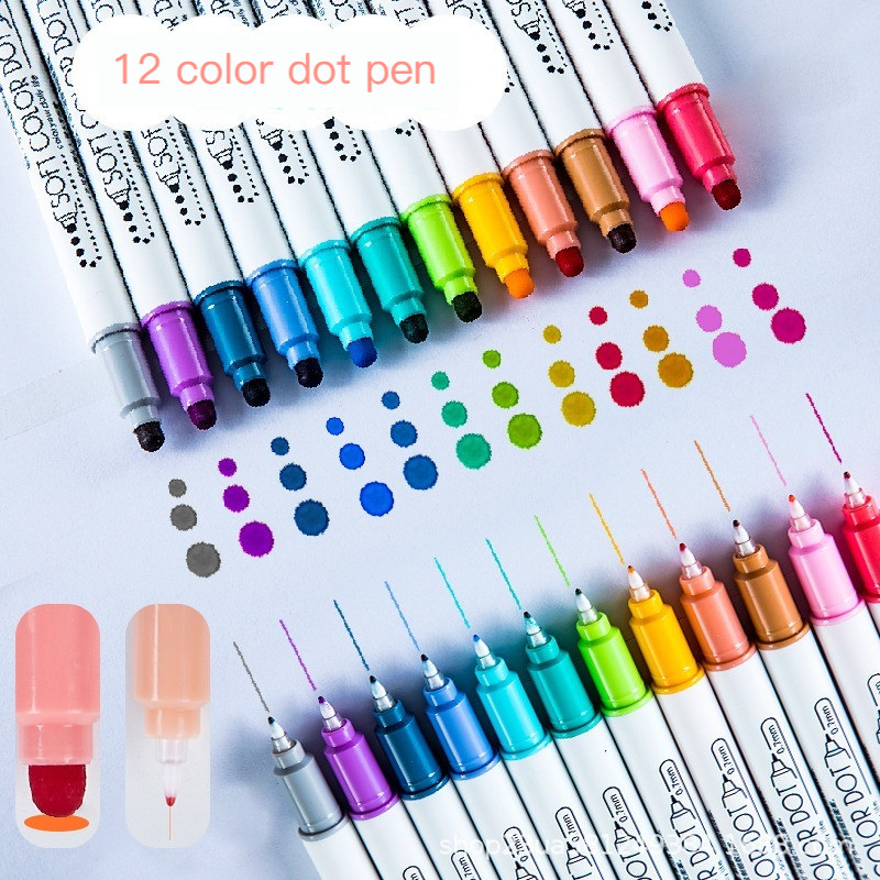 

Dual Tip DOT Art Marker Pens 6/12 Colors Round DOT Fiber Fine Tip for Coloring Journal Hand Lettering Sketching Anime Drawing