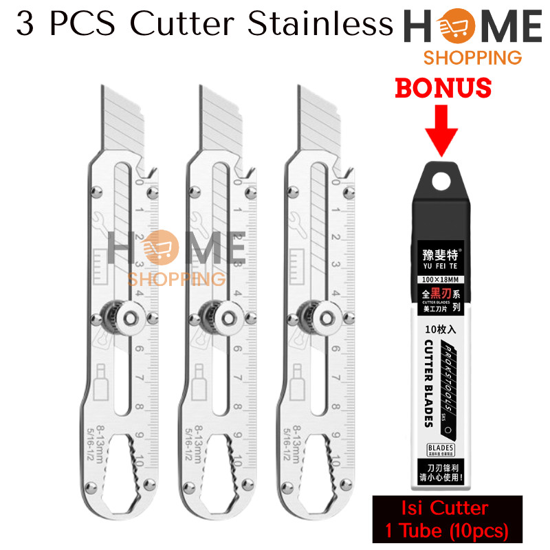 

HS - [BUN] 3 PCS Pisau Cutter Baja Besi Stainless 9 In 1 Bonus 1 Tube Isi Kater L150 | Pisau Cutter Tajam Anti Karat Multifungsi