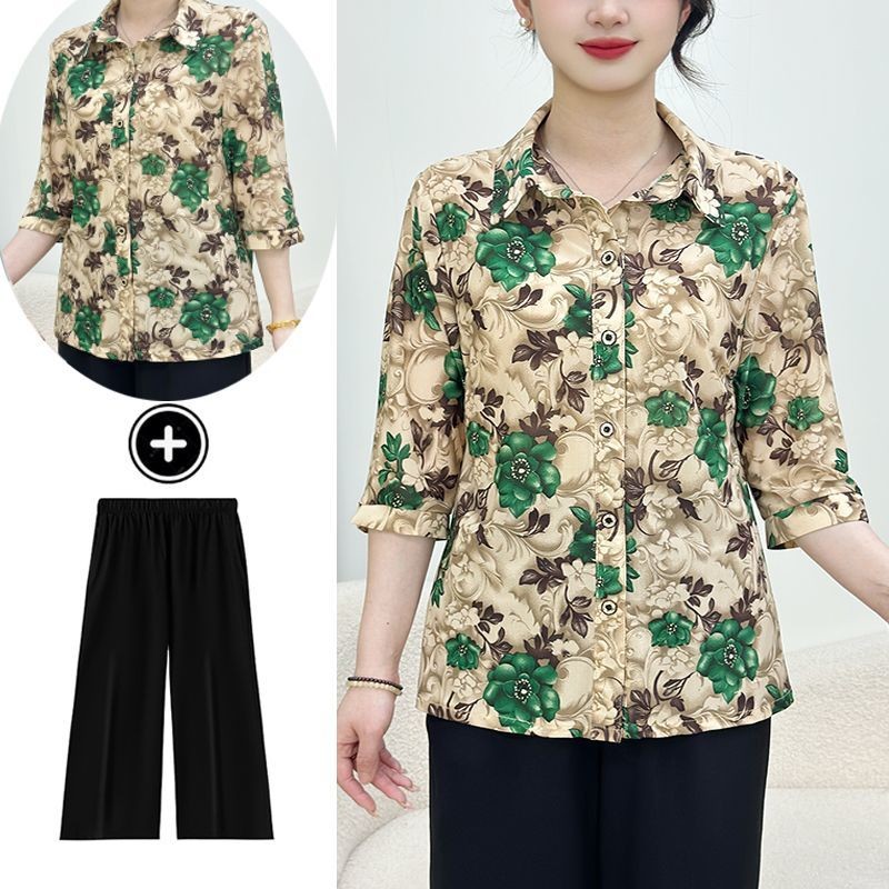 Setelan musim panas nenek kemeja kerah dua potong di lansia