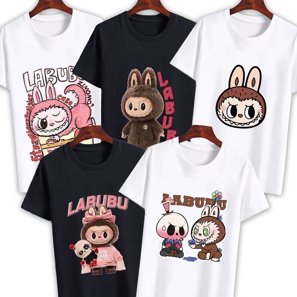 Kaos Boneka Labubu Pria Wanita DEWASA Unisex Hitam Putih Lengan Pendek UU4001 - 4010
