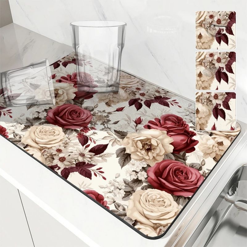 

Watercolor Style Absorbent Mat Plant Flower Rose Draining Mat Kitchen Tableware Drying Tableware Non-slip Carpet Tableware