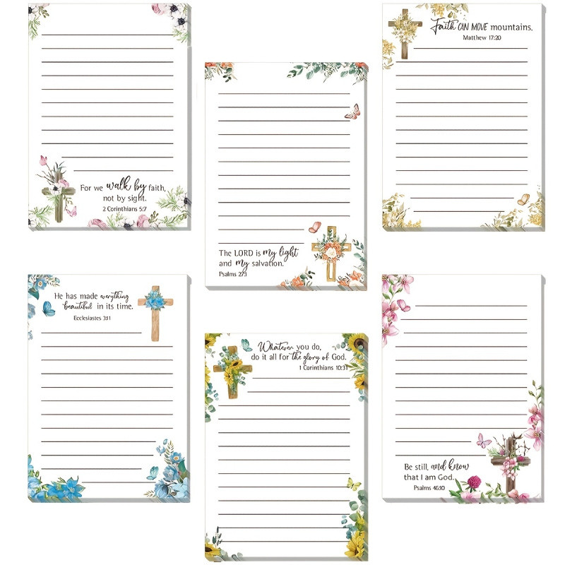 

6 Pack Bible Notepads Inspirational Notes Floral Designs Sticky Notes Office School Shopping List (Cross)