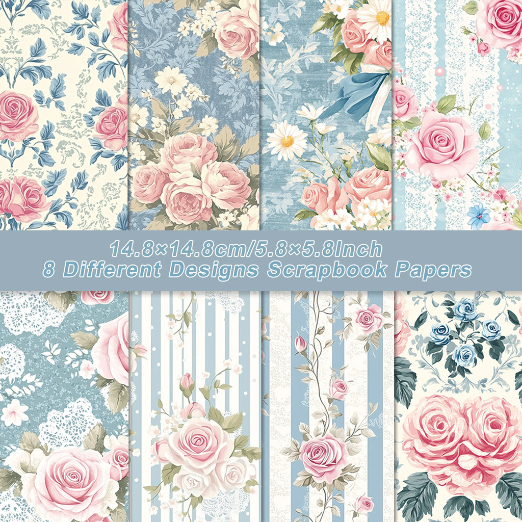 

8 Sheets Romantic Rose Background Scrapbook Paper Pad For DIY Crafts,Album Art,Junk Journal,Gift Wrapping Floral Craft Paper