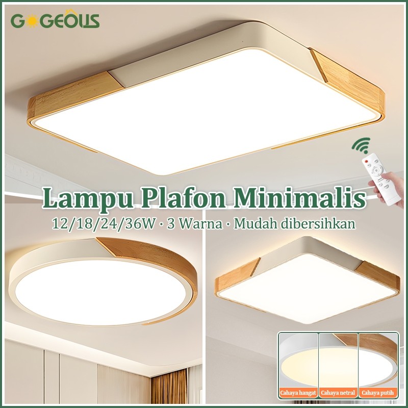 COD Lampu Plafon Minimalis Modern Kayu 36 Watt Bulat/Persegi 3 Warna Ruang Tamu Remote Lampu Plafon