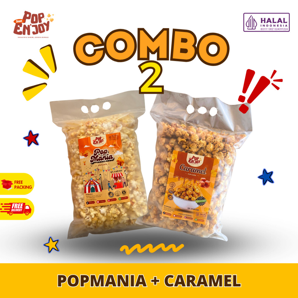 

[LEBIH HEMAT] CARAMEL + POPMANIA POPCORN - PopENjoy / 2 Rasa Camilan Crispy Popkorn Jagung Sehat Premium