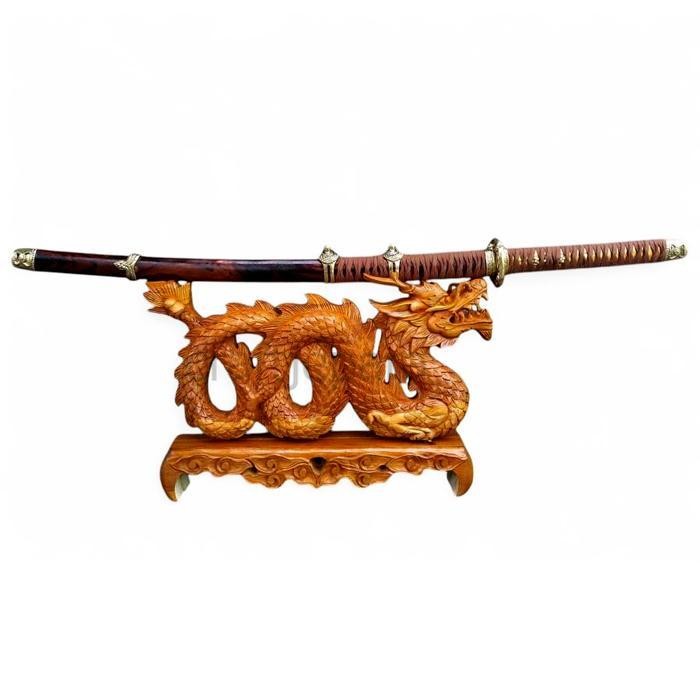 Stand Tempat Dudukan Pedang Katana Samurai Kake Ukiran Naga Kayu Jati Asli CJ4354