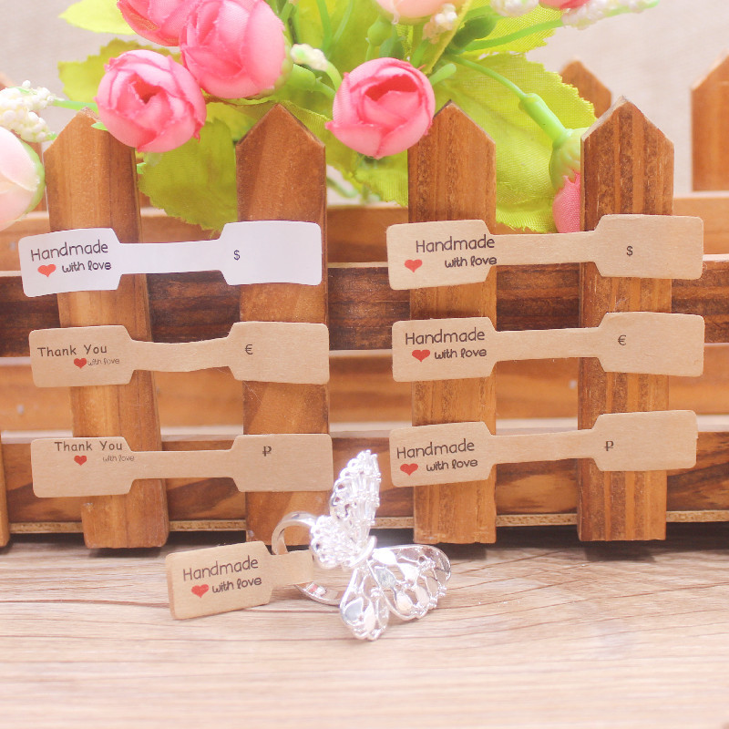 

100Pcs 6x1.2cm White /Kraft Handmade € /Thank you $ Price Labels Paper Price Tags For Necklace Ring Bracelet