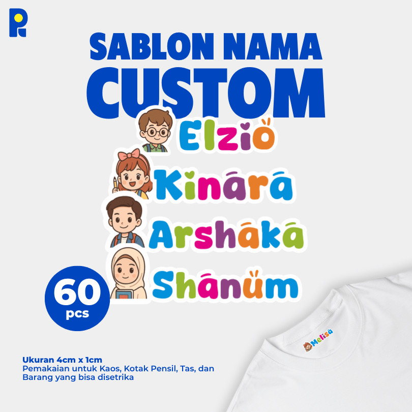 

PIKAPIK 60 Pcs Label Stiker Nama Custom DTF Sablon Setrika Kaos Seragam Kerudung High Quality