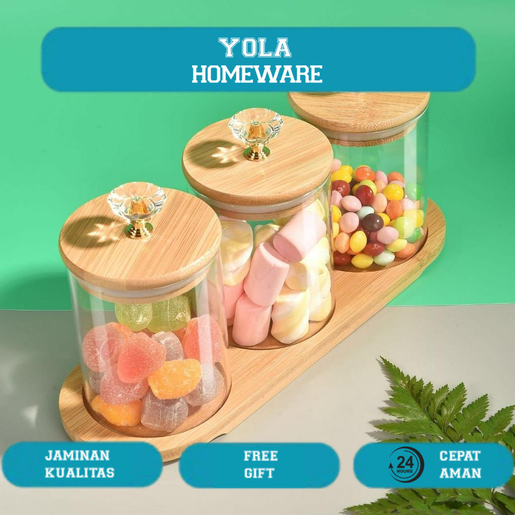 [MS] Tempat Bumbu / Candy Jar / Toples Kaca Diamond 3in1 dengan Nampan Kayu