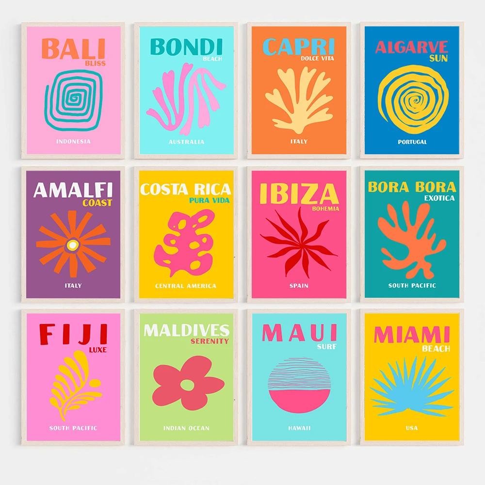 

Colorful Travel Wall Art Canvas Painting Mykonos Ibiza Miami Bondi Capri Nordic Poster Preppy Room Prints for Living Room Decor