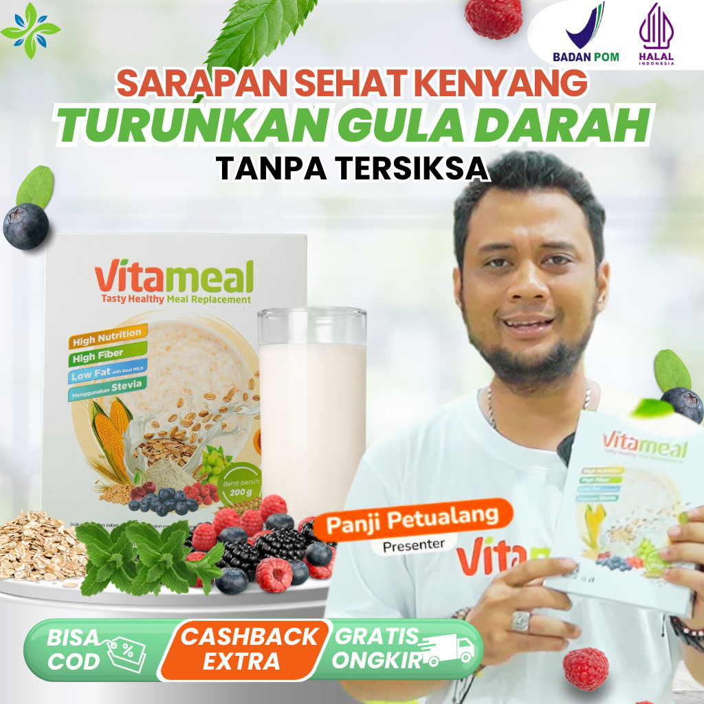 

TERJAMIN VITAMEAL 1 BOX Sereal Sehat Turunkan Gula Darah Tinggi Cegah Diabetes Kolesterol Asam Lambung Maag VITAMINILK HERBAL