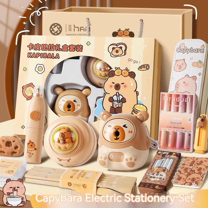 

Cartoon Electric Stationery Set With Pencil Sharpener Stickers Primary School Capybara Stationery Gift Box Halloween Gifts