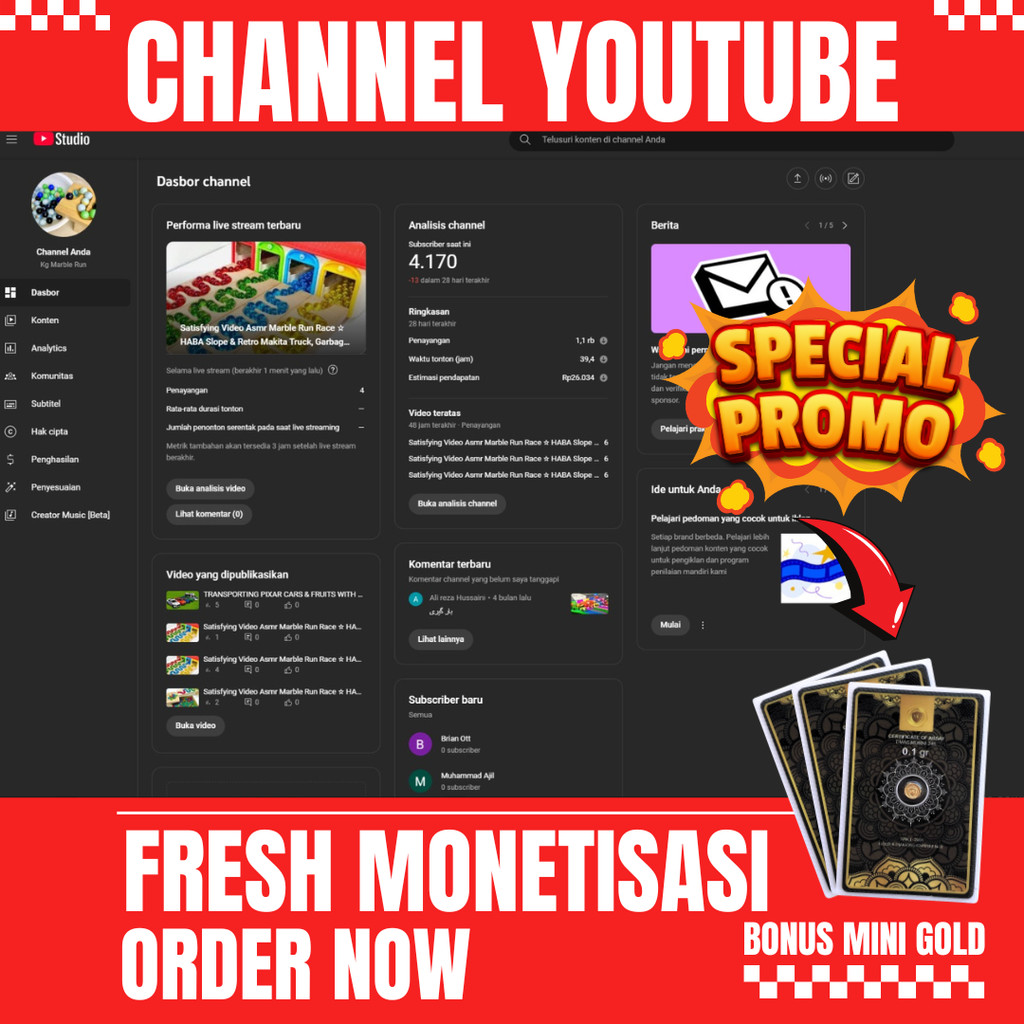 JUAL CHANNEL YOUTUBE SUDAH MONETISASI (FRESH) MURAH
