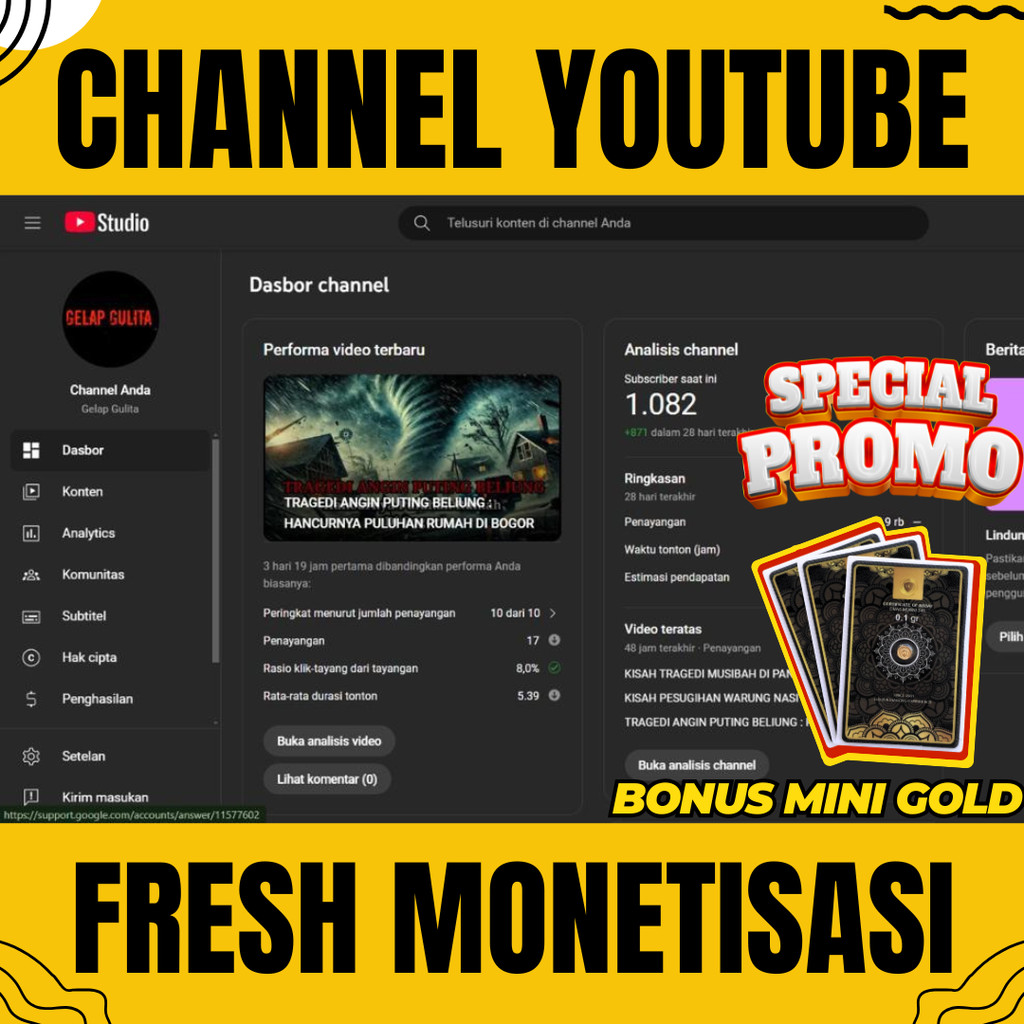 JUAL CHANNEL YOUTUBE SUDAH MONETISASI (FRESH) TINGGAL PAKAI