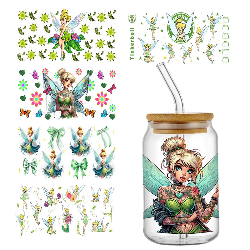 

Tink Bell Princess Peter Pan Transfer Stickers Waterproof UV DTF Cup Mug Wraps Sticker DIY 3D Wrap Decal For 16oz Libbey Glass