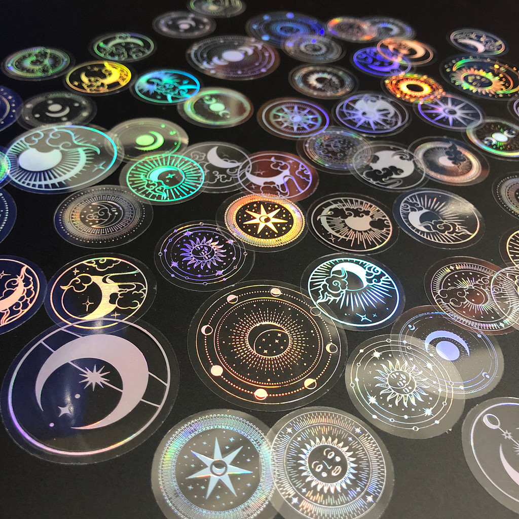 

70 pcs PET Adhesive Stickers Waterproof Transparent Laser Silver Stickers Label: SUN MOON Stars etc