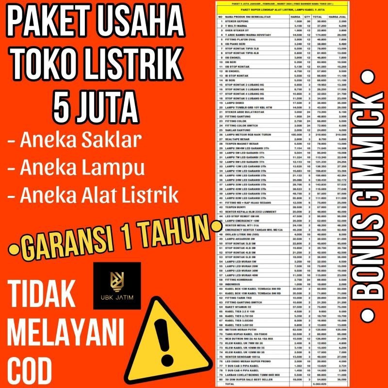 PAKET BELANJA USAHA ALAT LISTRIK UBK 5 JUTA + HADIAH