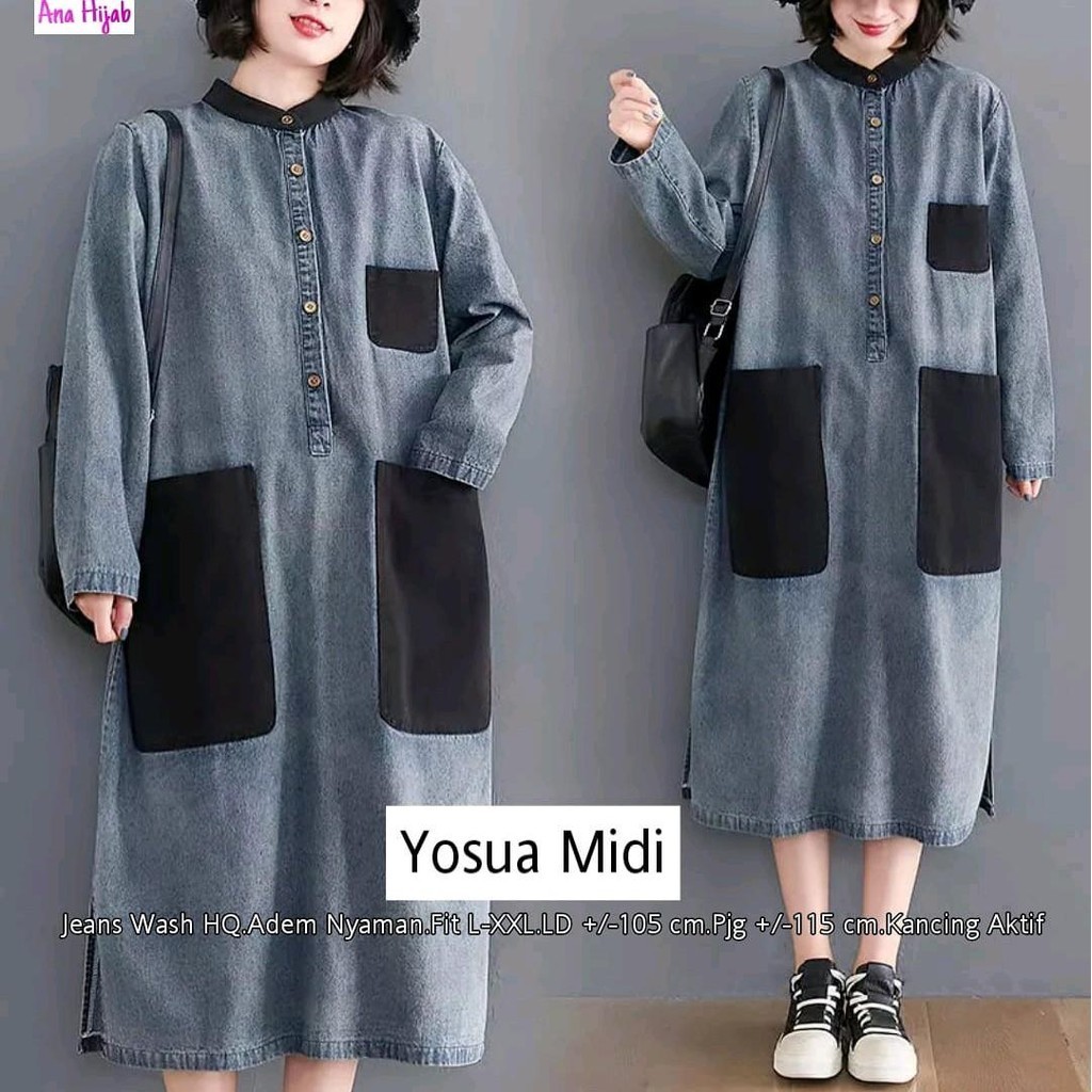 Yosua Midi Dress Jeans Premium Saku Depan Tebal