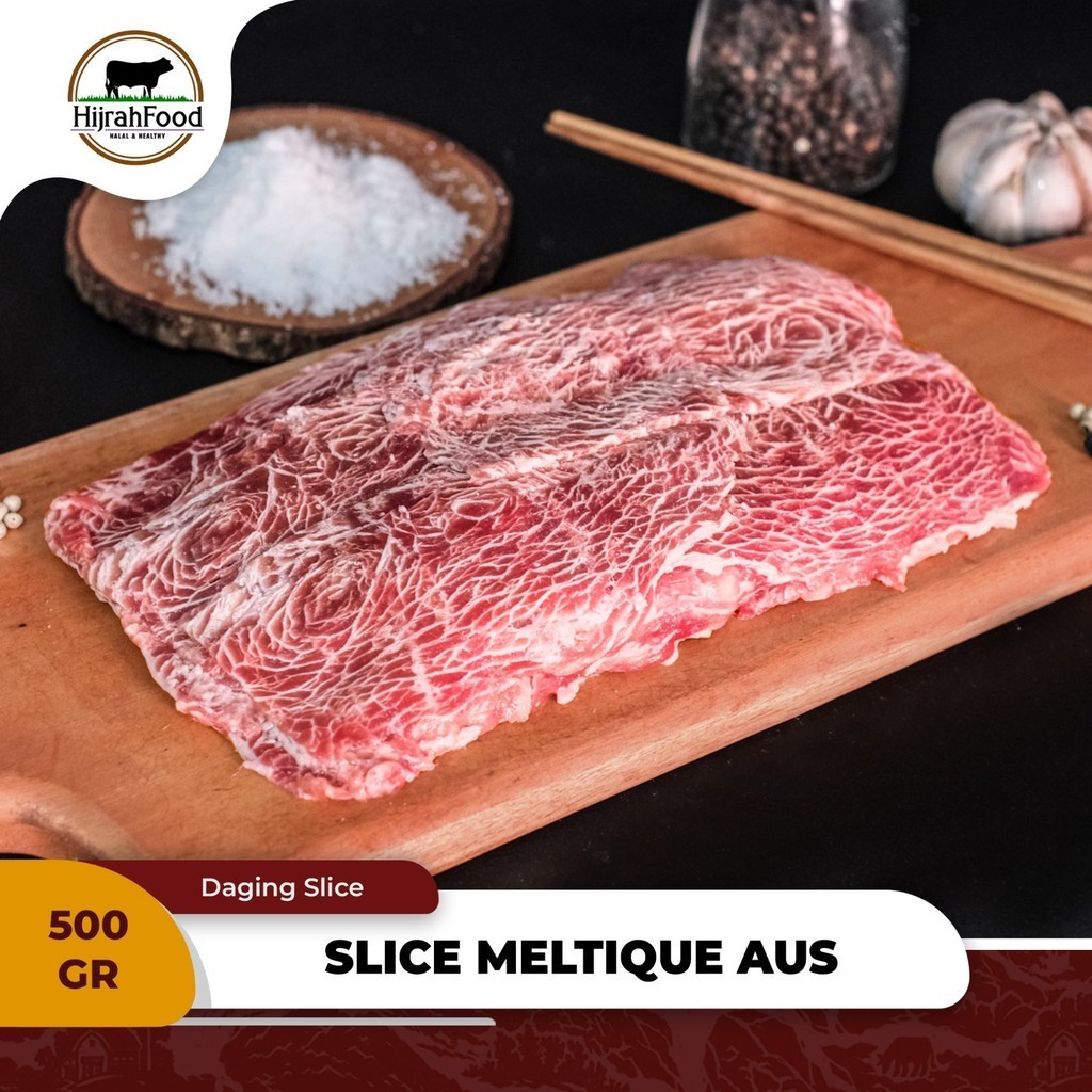 

Hijrahfood Daging Slice Meltique Beef - Sukiyaki / Shabu Wagyu Meltique Sapi AUS