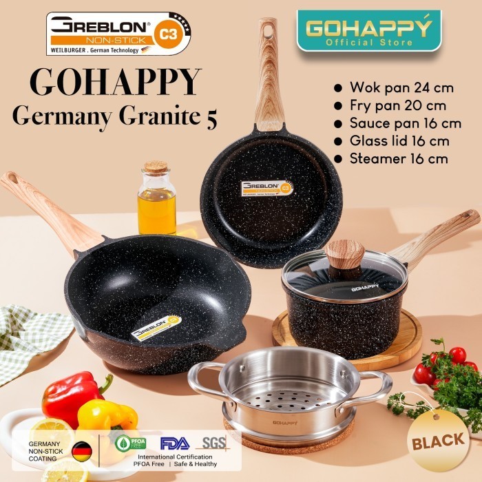 TOKOSANIA Gohappy 5PC Panci Granite Swiss Set Black Or Cream Color - GERMANY 5 BLACK