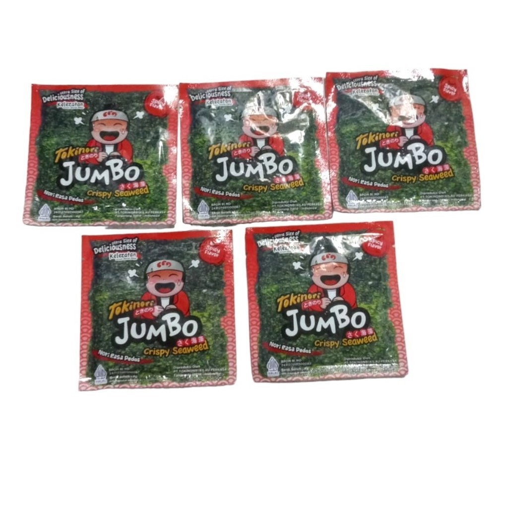

Rumput Laut Seaweed Nori Sheet Snack Tokinori Jumbo Spicy Pedas 5 x 4 Gram (Bundle 5 Pcs)
