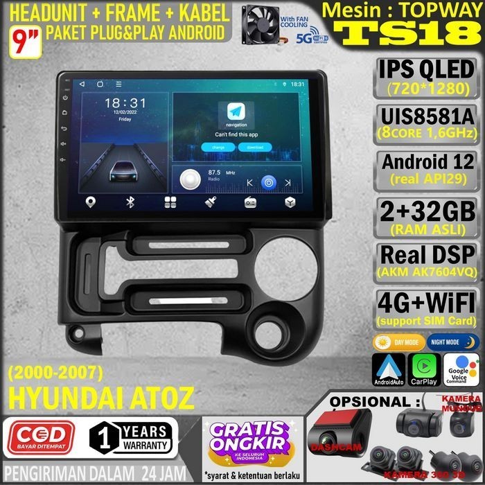 Paket Headunit Android 9 inch + Frame + Soket PNP Hyundai Atoz 2000 Topway TS18 UIS8581A-Octacore 1.
