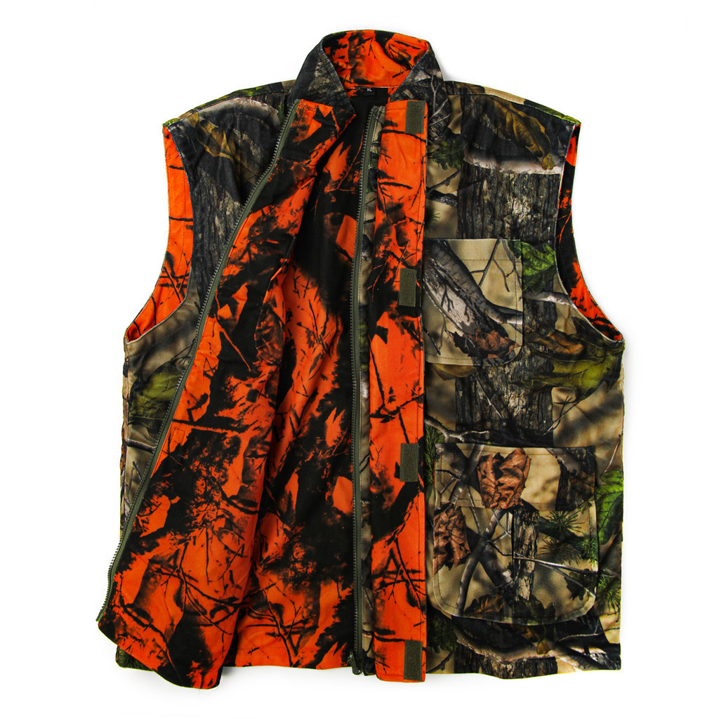 GUGULUZA Orange Camo Hunting Vest Fleece Game Waistcoat Two side Vest Sleeveless Safety Vest Outdoor