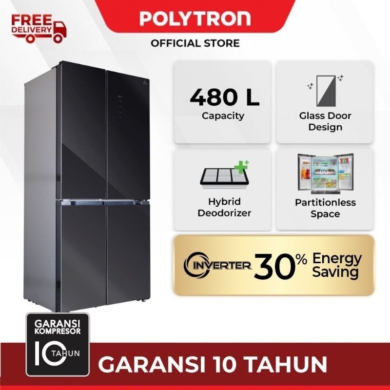 KULKAS 4 PINTU POLYTRON PRS 510X INVERTER BLACK GLASS 480 L