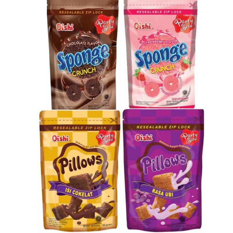 

OISHI Pillows Sponge Crunch kemasan Party Pack 100 gr Cokelat Strawberry Ubi