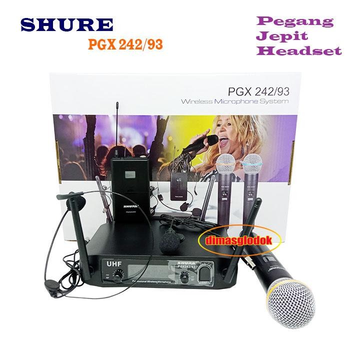 Mic Wireless 3 Mik SHURE SH242/93 PJH Werles Mikropon 1 Mik Pegang + 1 Mik Jepit Clip On + 1 Mik Ban