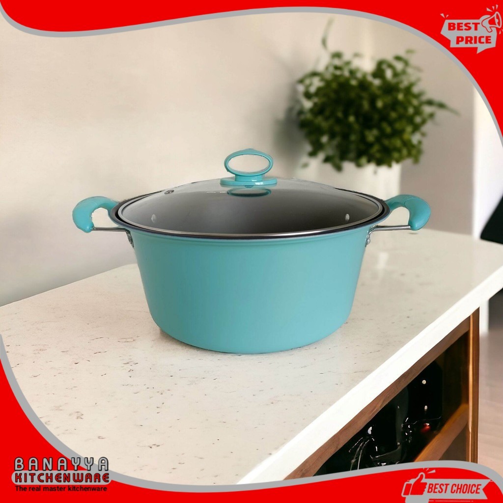 panci sup / kuah enamel warna dengan tutup kaca premium ukuran 24 cm jumbo stainless steel